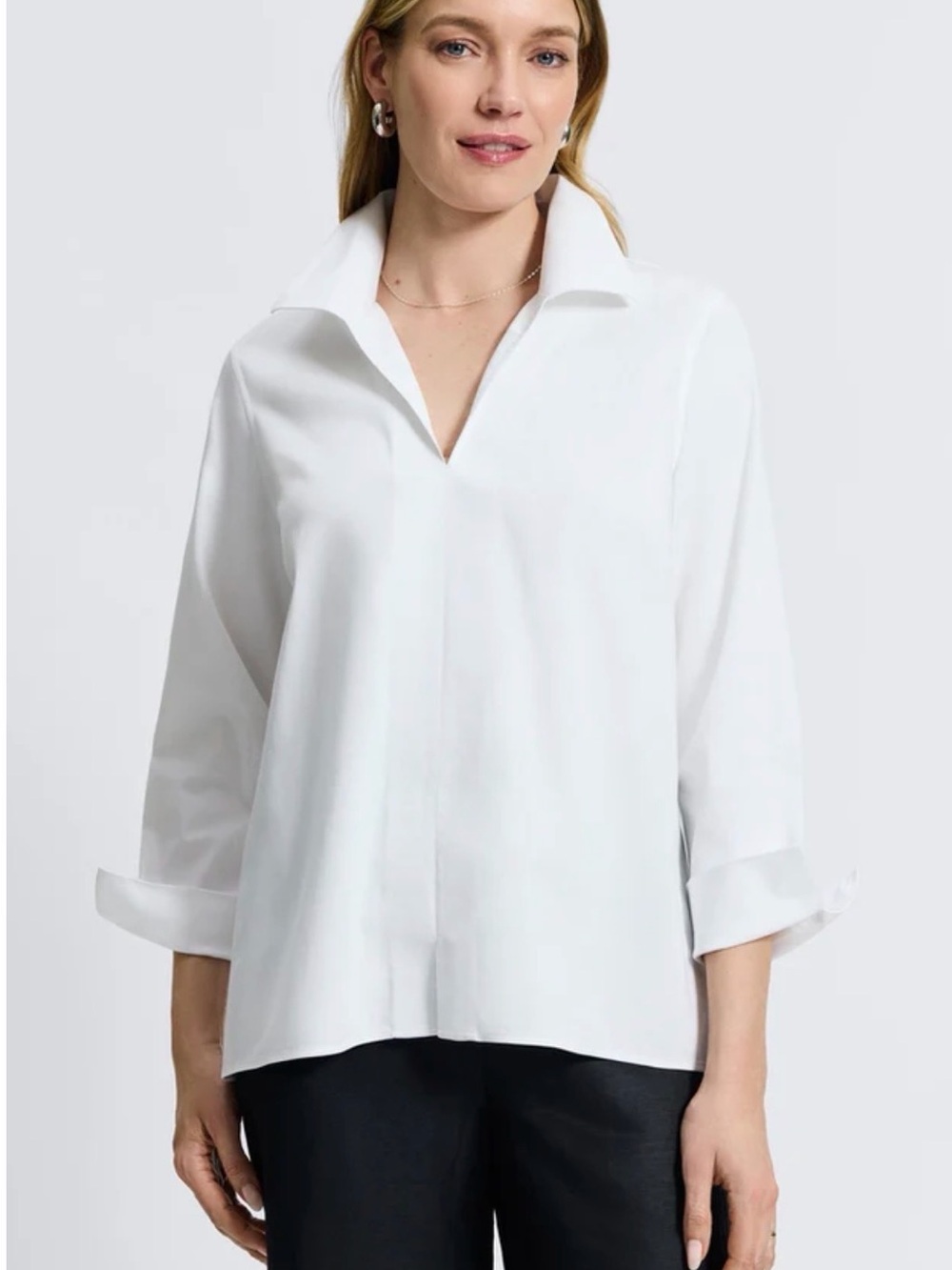 Foxcroft Agnes No Iron Stretch Long Sleeve  Popover Shirt White Size XS
